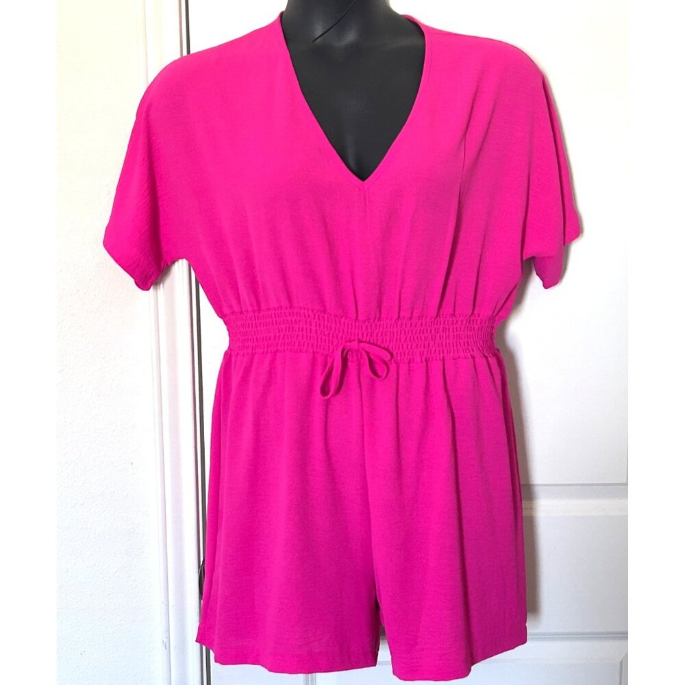 Hot Pink Short Sleeve V-Neck Romper With Elastic Waist & Back Zipper Closure Wom
